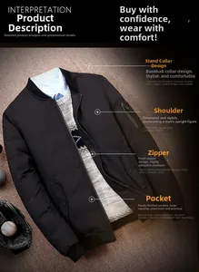 Detailed view of black men's baseball jacket showing zipper and stand collar design