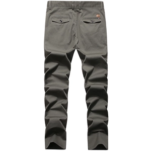 Men's dark grey casual straight trousers with buttoned back pockets on white background