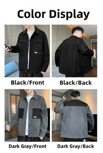 Detailed views of vintage men's paneled denim jacket with contrast stitching in grey and black