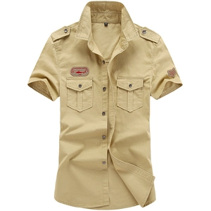 Men's khaki cotton military short sleeve shirt with cargo pockets and patches
