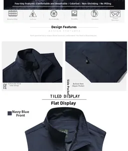 Detail of navy blue vest showing breathable mesh fabric, zipper pocket and stand collar