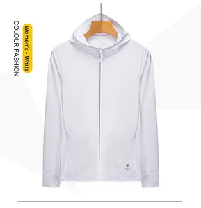 Close-up of white UPF 50+ sun protection jacket with hood and functional thumb holes