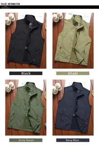 Multiple colors of outdoor utility vests with pockets and mesh lining on wood floor