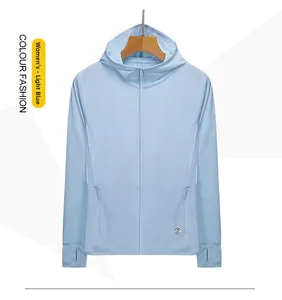 Detail of light blue women's sun protection hoodie with thumbholes and UPF 50+ logo