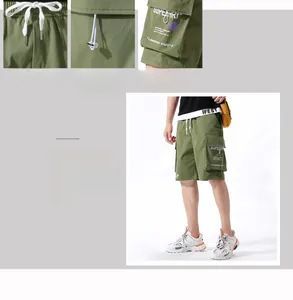 Detail view of army green cargo shorts featuring 3D utility pockets and drawstring