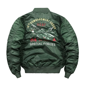 Men's olive green MA1 bomber jacket featuring detailed military embroidery on the back