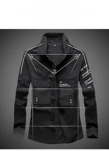 Close-up of black cargo shirt featuring dual chest pockets and white vertical stripe detail