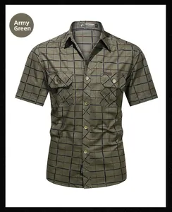 Detail view of army green checkered cotton short sleeve shirt with outdoor cargo pockets