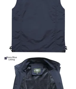 Detail of navy vest showing breathable mesh lining and adjustable drawstring hem