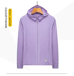 Detail of light purple UV sun protection jacket with hood and UPF 50+ printed logo