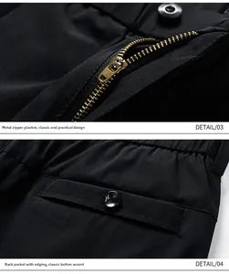 Détail de la braguette à glissière en métal doré et poche arrière boutonnée sur short noir