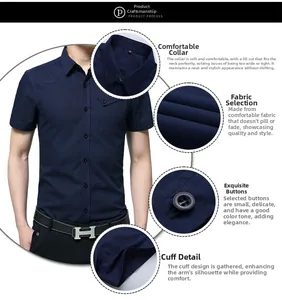 Detail view of navy slim-fit shirt featuring a classic collar, pocket, and premium fabric