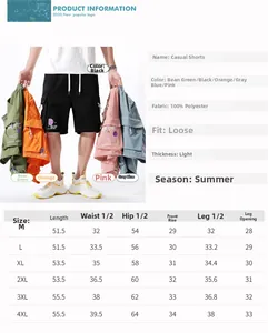 Detailed size chart for men's casual cargo shorts showing measurements from M to 4XL