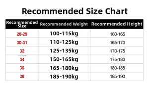 Size guide table for cargo shorts showing measurements for height, weight, and fit