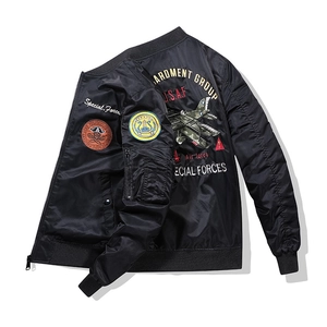 Men's black MA1 bomber jacket with military embroidery and USAF patches on back