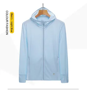 Detail of light blue sun protection jacket for men with hoodie and functional thumb holes