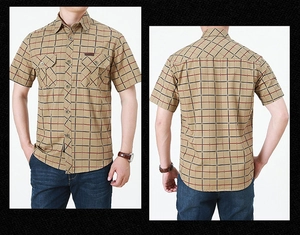 Front and back view of khaki plaid short-sleeved shirt with double chest pockets