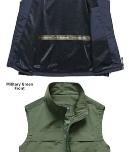Detailed view of army green outdoor vest with breathable black mesh lining and stand collar