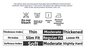 Size chart and garment care instructions for men's summer multi-pocket cargo shorts