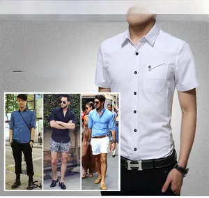 Men's white cotton short sleeve shirt with black buttons and a snap chest pocket detail