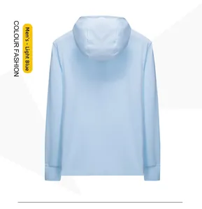 Rear view of a light blue men's hooded sun protection jacket with breathable mesh fabric