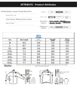 Detailed size chart for men cargo shirt with measurements for M to 6XL in black and khaki