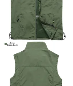 Detail view of army green outdoor vest with breathable mesh lining and drawstring hem