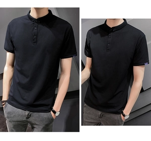 Detail view of black slim fit polo shirt featuring three-button collar and sleeve patch