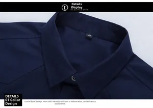 Close-up of deep blue casual shirt collar with neat stitching and fabric texture
