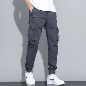 Dark grey multi-pocket cargo joggers with drawstring waist and elastic cuffs for men