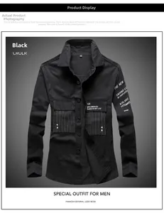 Detail of black cargo shirt featuring striped pocket trim and white sleeve lettering