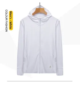 Close-up of white sun protection jacket with UPF 50+ logo and breathable fabric