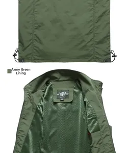 Detail of army green vest featuring adjustable drawstring hem and breathable mesh lining