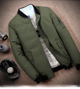 Detailed flat lay of men's army green down jacket with 90% white duck down filling