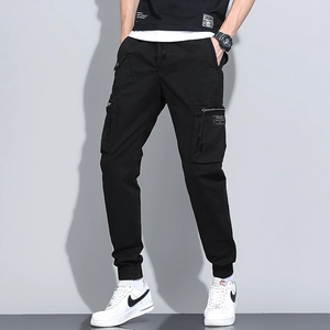 Men's black cargo joggers featuring multi-pockets and drawstring elastic waistband