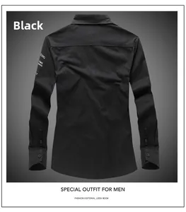 Detail of black military style shirt with industrial white letter print on sleeve
