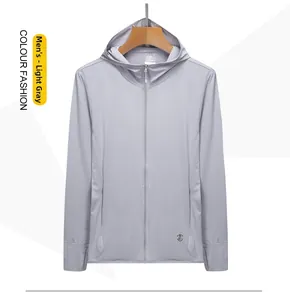 Detailed view of light gray sun protection jacket with hood, thumb holes, and UPF 50+ logo