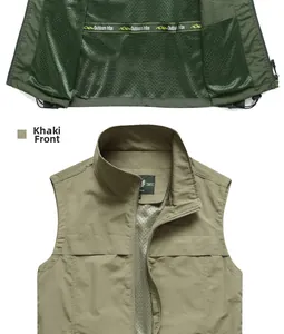 Detail of khaki outdoor vest showing stand collar and breathable green mesh lining