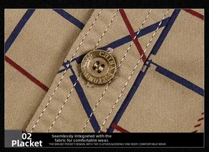 Macro detail of men's khaki plaid shirt featuring a vintage gold metal button and stitching