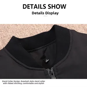 Detail shot of the ribbed neckline and metal zipper on this black winter jacket for men