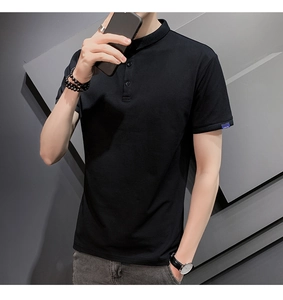 Detail of black men's polo shirt with three-button collar and blue sleeve label