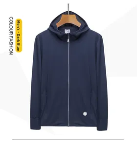 Detailed view of dark blue sun jacket with UPF 50+ logo and breathable mesh fabric