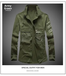 Macro detail of Army Green cargo shirt showing dual chest pockets with white script print