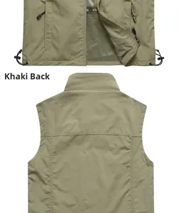 Detailed back view of khaki outdoor vest with mesh lining and adjustable drawstring hem
