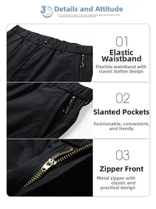 Détails de la taille élastique, du zip métallique et des poches latérales du short noir