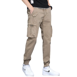 Men's khaki multi-pocket cargo joggers with drawstring waist and elastic cuffs