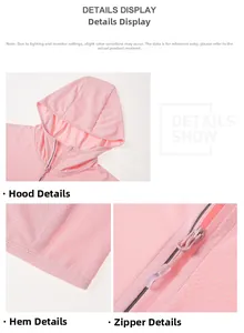 Detail view of pink sun protection jacket showing hood, zipper and mesh hem texture