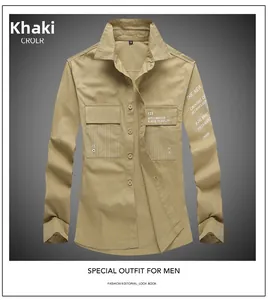 Detailed view of khaki military shirt with twin pockets and white gothic letter prints