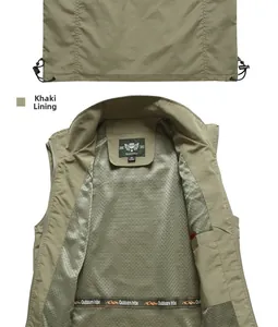 Detail of army green vest featuring breathable mesh lining and adjustable drawstring hem