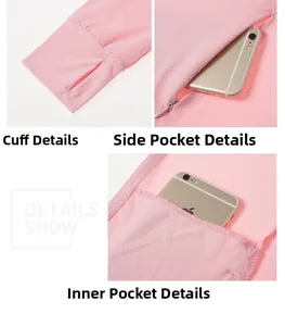 Pink sun protection hoodie with thumbhole cuffs and secure zipper side pockets